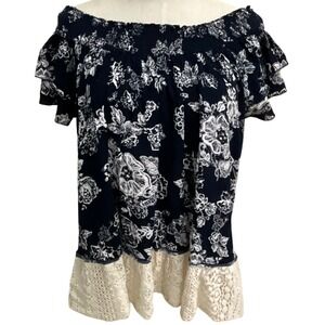 Love by Design Women's Large Off‎ Shoulder Floral Print Ruffle Top Boho Blouse